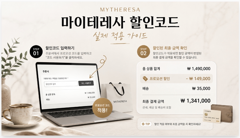 마이테레사 할인코드 실제 적용 가이드 주문서 프로모션 쿠폰 입력 방법 및 최종 결제 금액 확인 안내