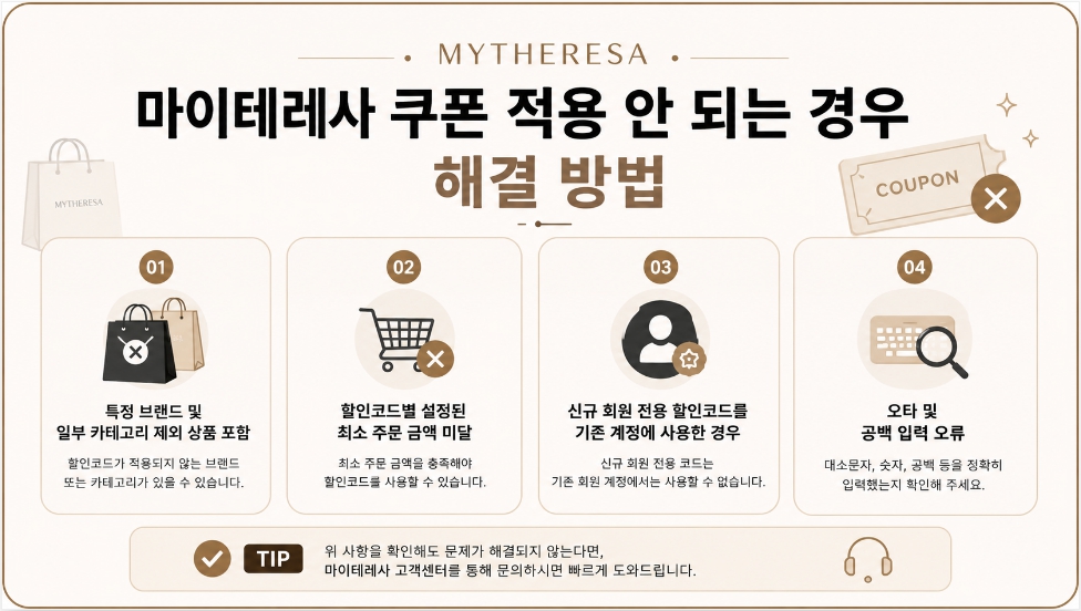 마이테레사 쿠폰 적용 안되는 경우 해결 방법 할인코드 오류 제외 브랜드 최소 주문 금액 미달 신규 회원 계정 오타 안내