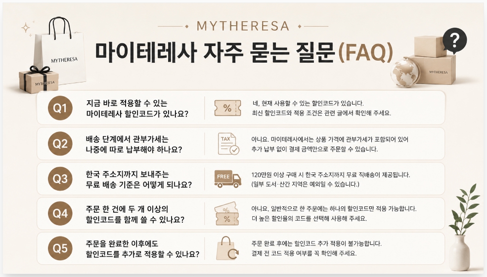 마이테레사 자주 묻는 질문 FAQ 직구 할인코드 유무 관부가세 포함 결제 무료 배송 기준 중복 사용 제한 사후 적용 여부 안내